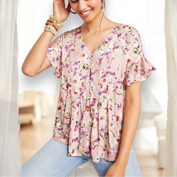Dolan Anthropologie Rose Floral Cap Sleeve‎ Top - Picture 1 of 7